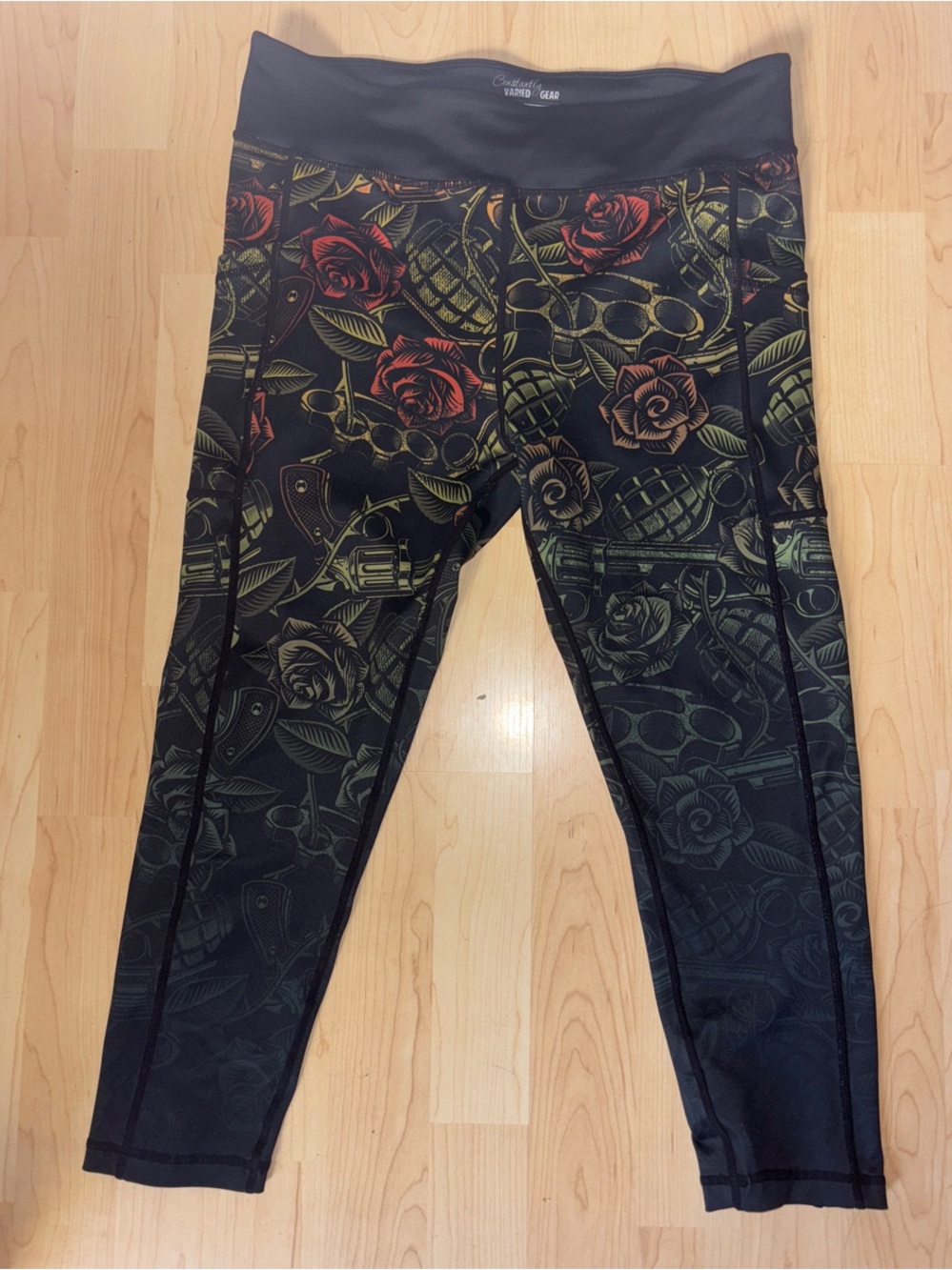 Constantly Varied Gear Black Leggings with Red Roses and Gold Accents